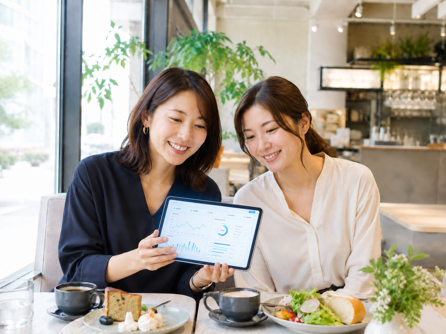 友達同士でタブレットを使ってAIを楽しく学び合う様子