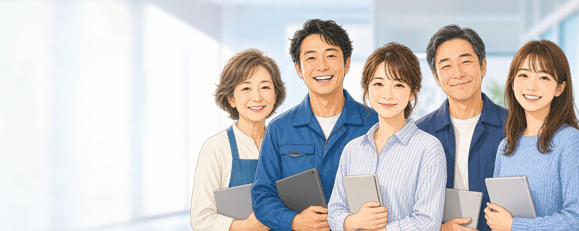 みんなのAI実践塾の塾生5人が並んで笑顔でこちらを見ている。エプロン姿の女性、作業着の男性、シャツの女性、ジャケットの男性、ニットの女性。それぞれタブレットを手にしている